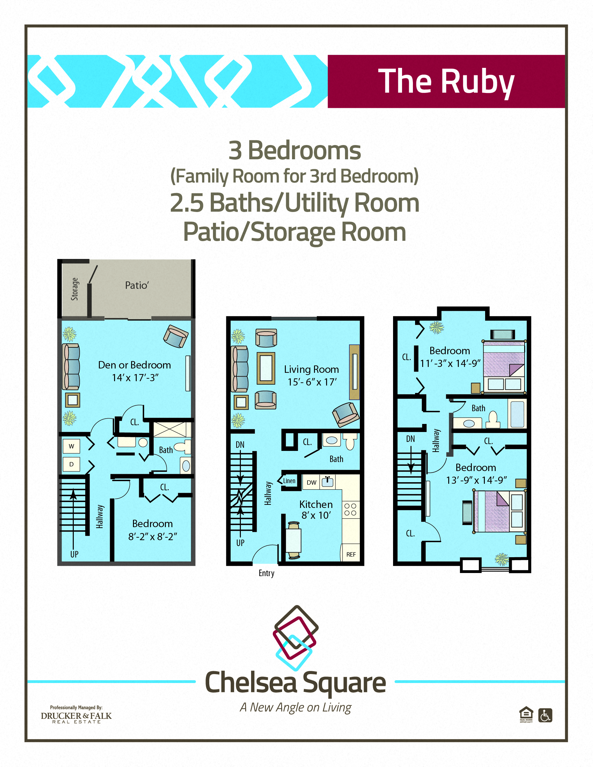 Floor plan for 3 beds, 2.5 baths, 1600 sqft